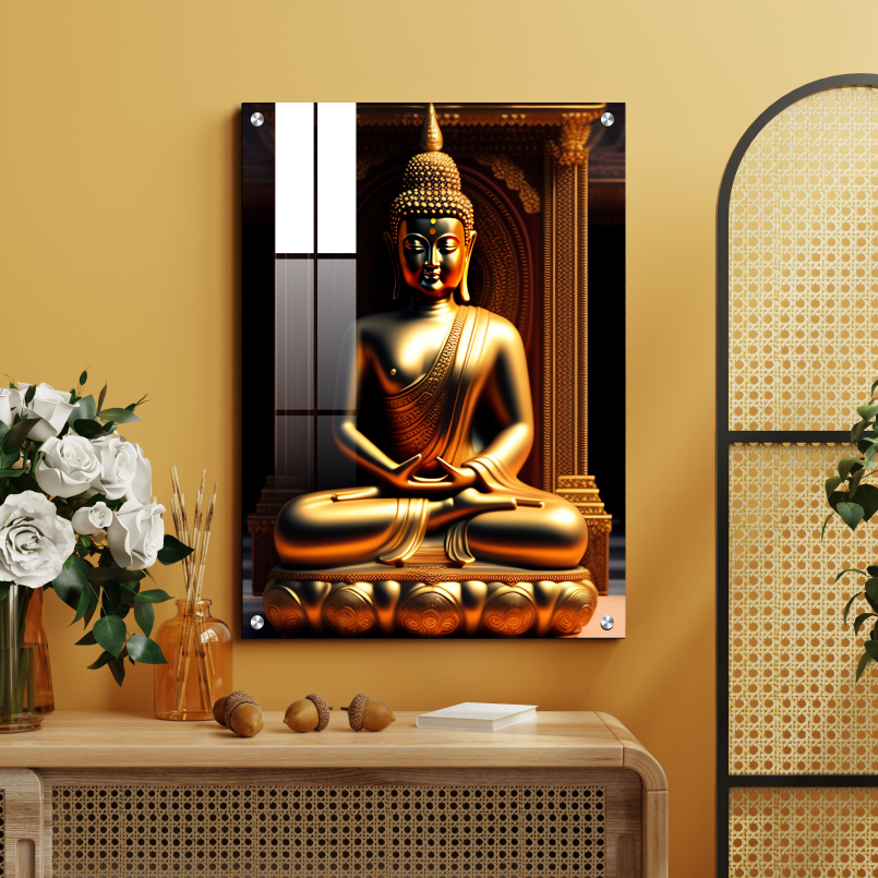 Meditating Buddha Idol Wood Print Wall Art Black & Gold