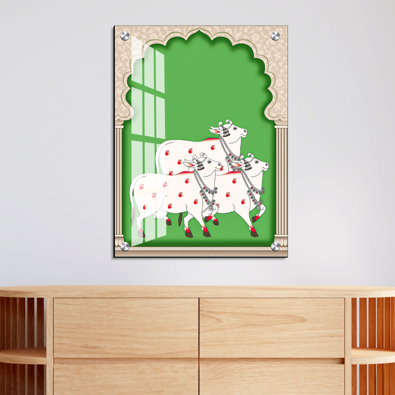 Sacred Cow Pichwai Wood Print Wall Art Green