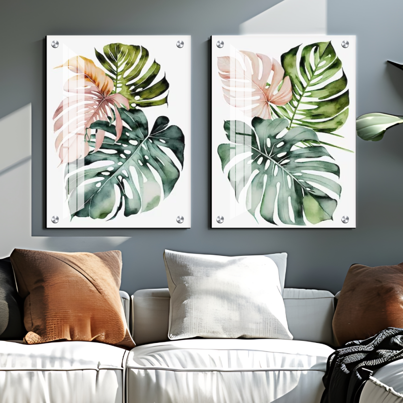Tropical Leaf Wood Print Wall Art Set of 2