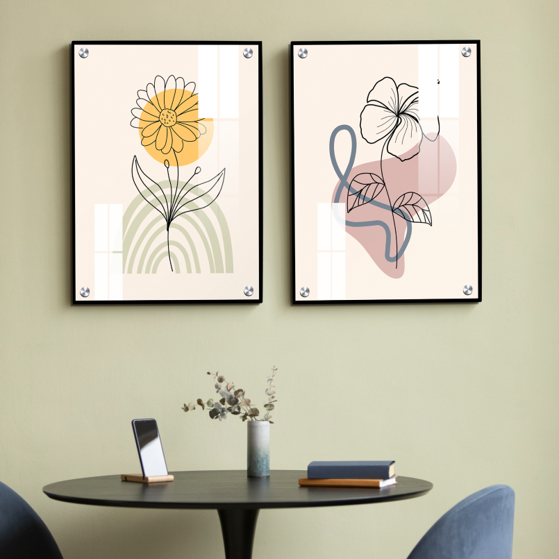 Minimalist Flower and Leaves Wood Print Wall Art Set of 2
