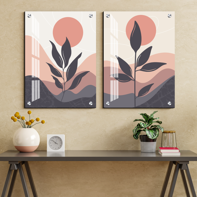 Tree and Moon Landscape Wood Print Wall Art Set of 2