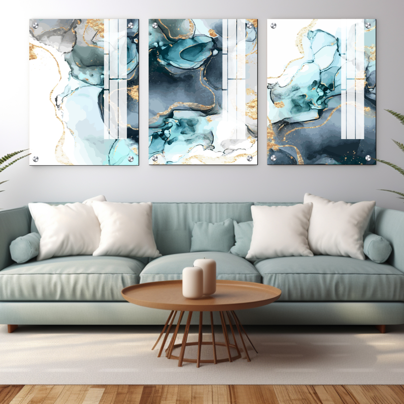 Abstract Blue and Gold Wood Print Wall Art Set of 3
