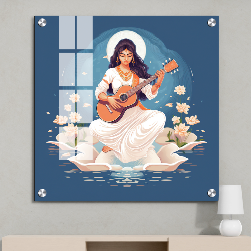 Goddess Saraswati Blue Wood Print Wall Art