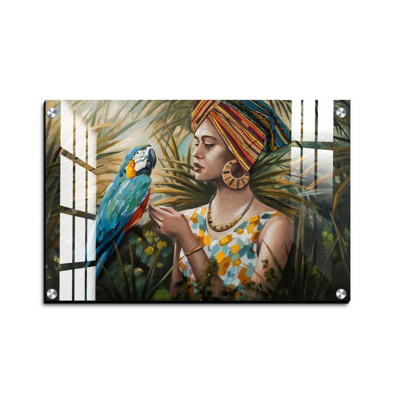 Lady With Parrot Beautiful Wood Print Wall Art