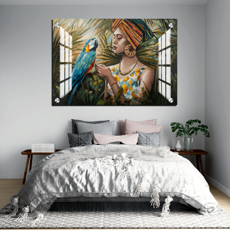 Lady With Parrot Beautiful Wood Print Wall Art