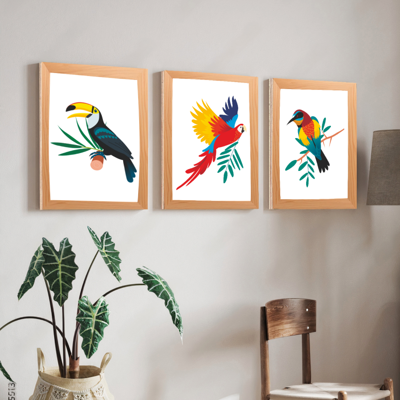 Beautiful Birds Wood and Acrylic Print Wall Art Set of 3