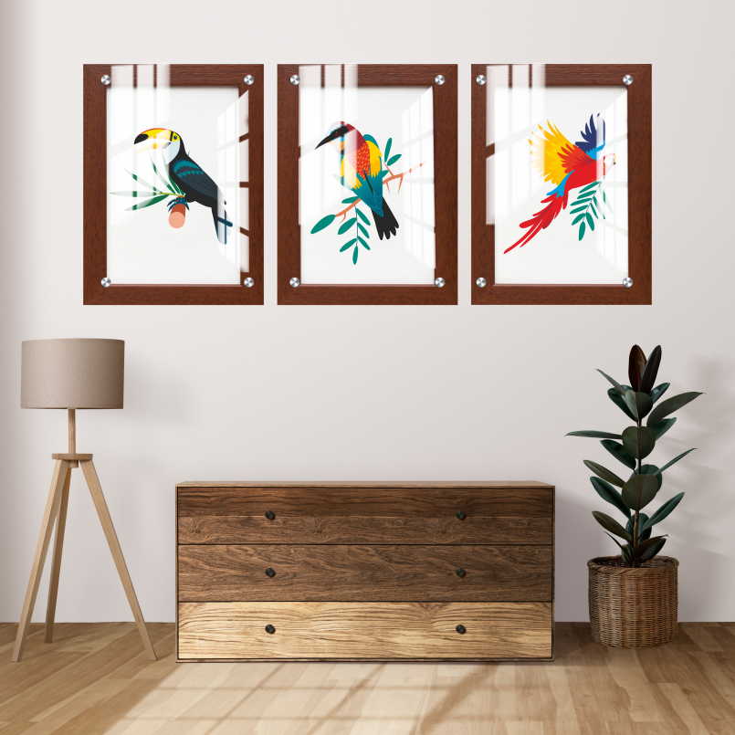 Beautiful Birds With Brown Printed Wood and Acrylic Print Wall Art Set of 3