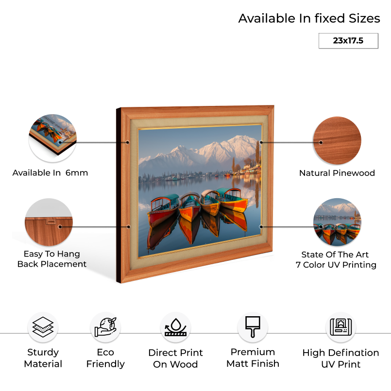 Beautiful Boats At Dal Lake Kashmir Wood Print Wall Art 23x17.5 Inches