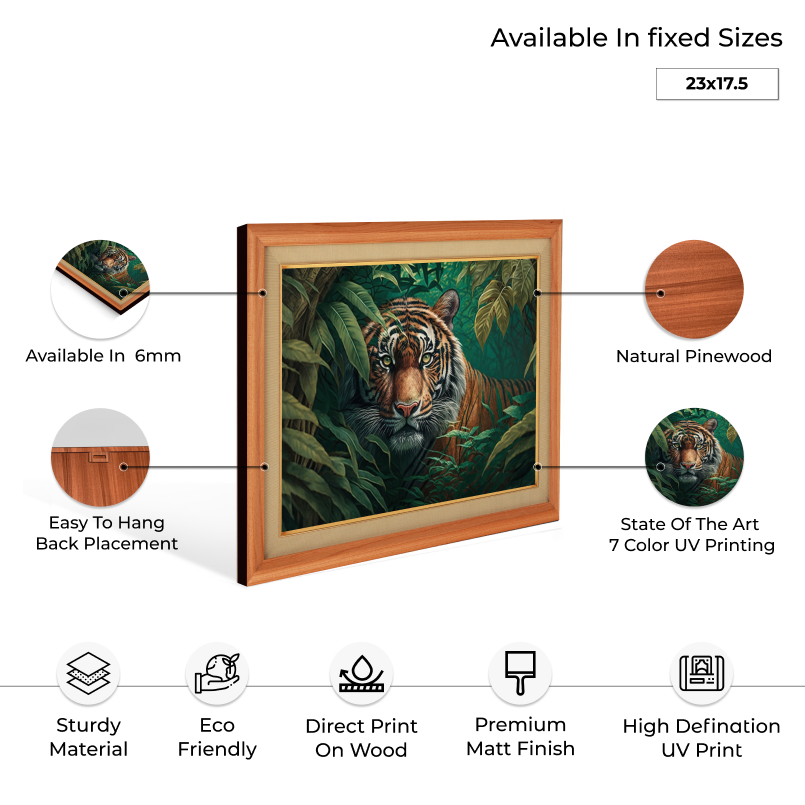 Bengal Tiger Staring In Tropical Rainforest Wood Print Wall Art 23x17.5 Inches