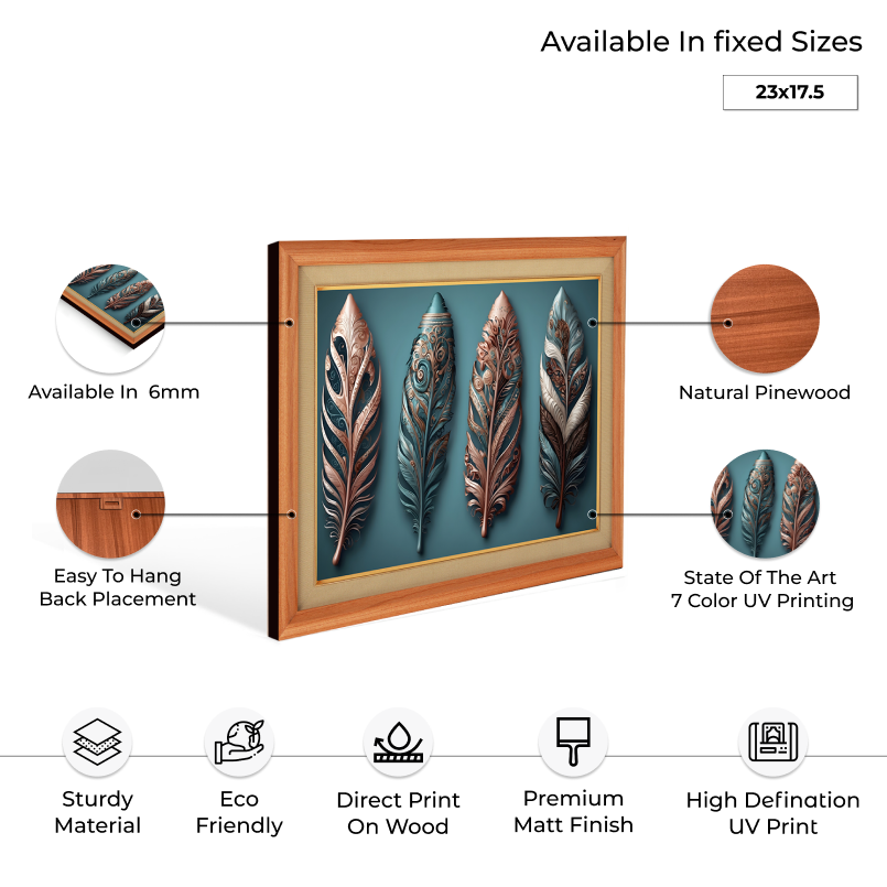 Metallic Feather Leaf Wood Print Wall Art 23x17.5 Inches