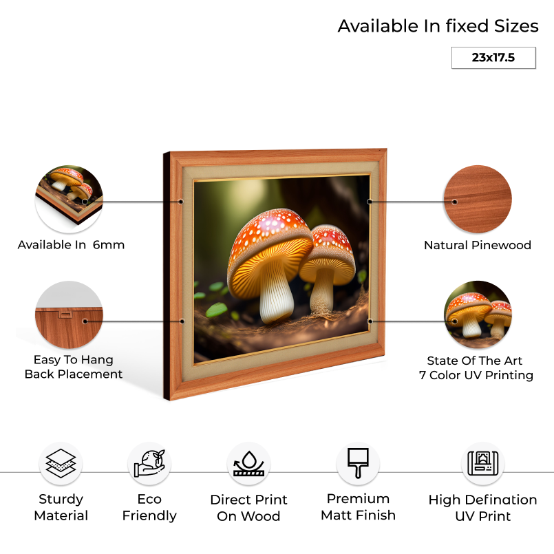 Mushrooms Nature Wood Print Wall Art 23x17.5 Inches