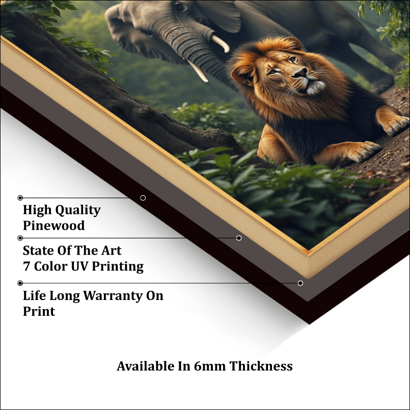Elephant And Lion Wood Print Wall Art 18x23 Inches