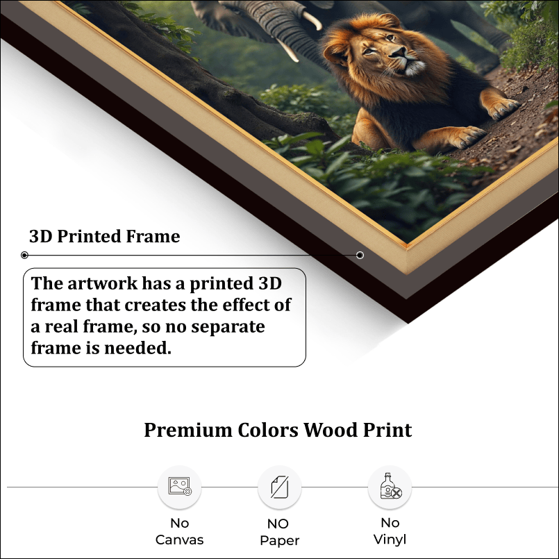 Elephant And Lion Wood Print Wall Art 18x23 Inches