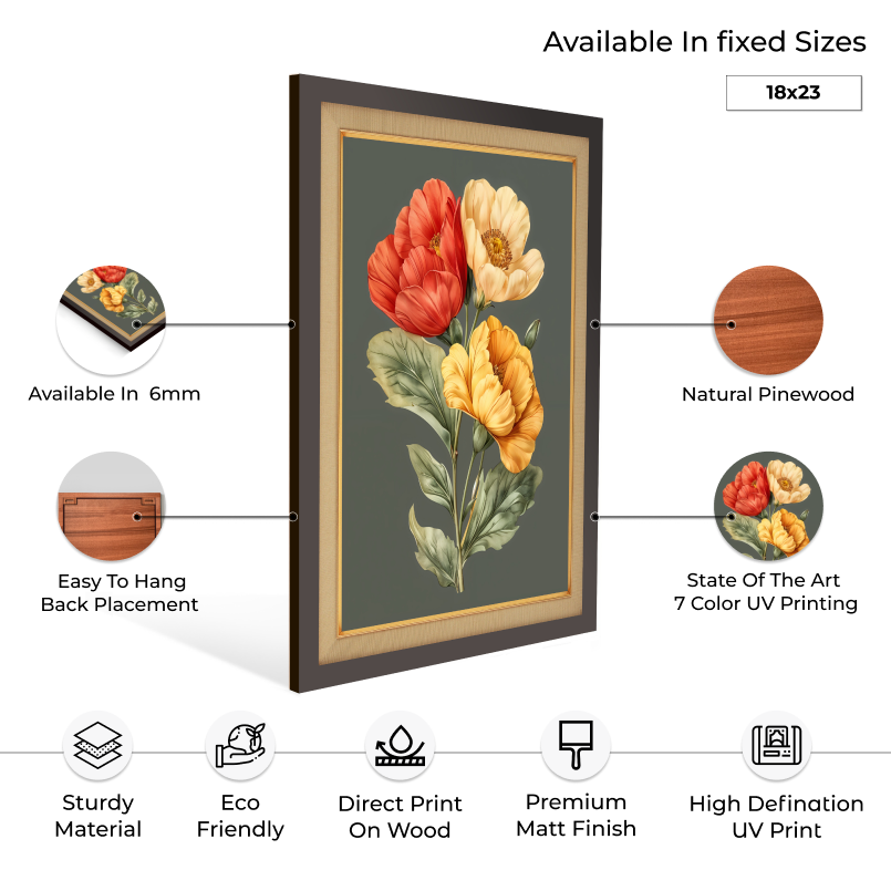 Colorful Flowers Wood Print Wall Art 18x23 Inches