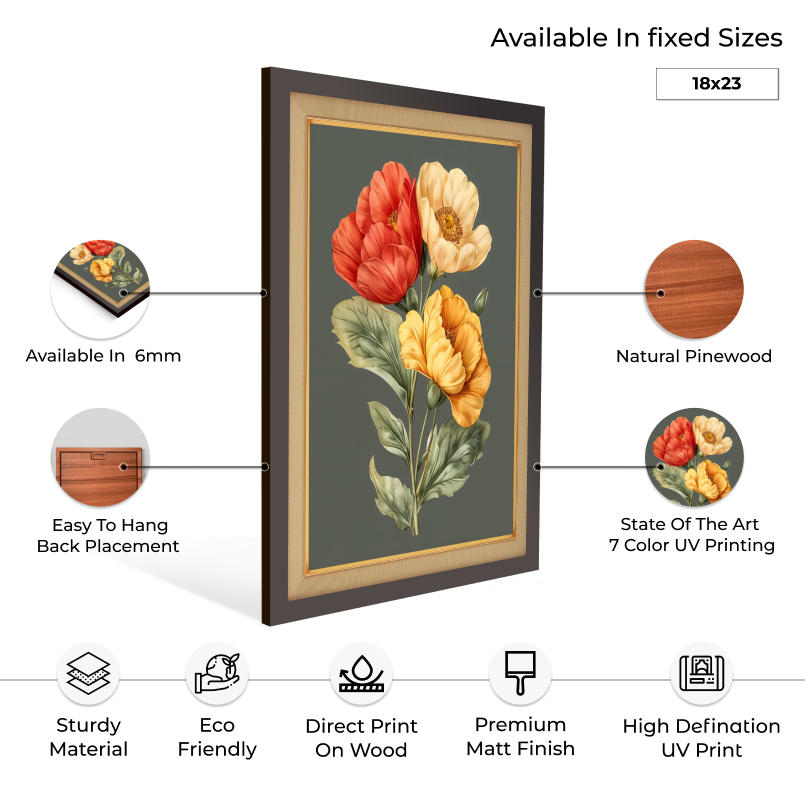 Colorful Flowers Wood Print Wall Art 18x23 Inches
