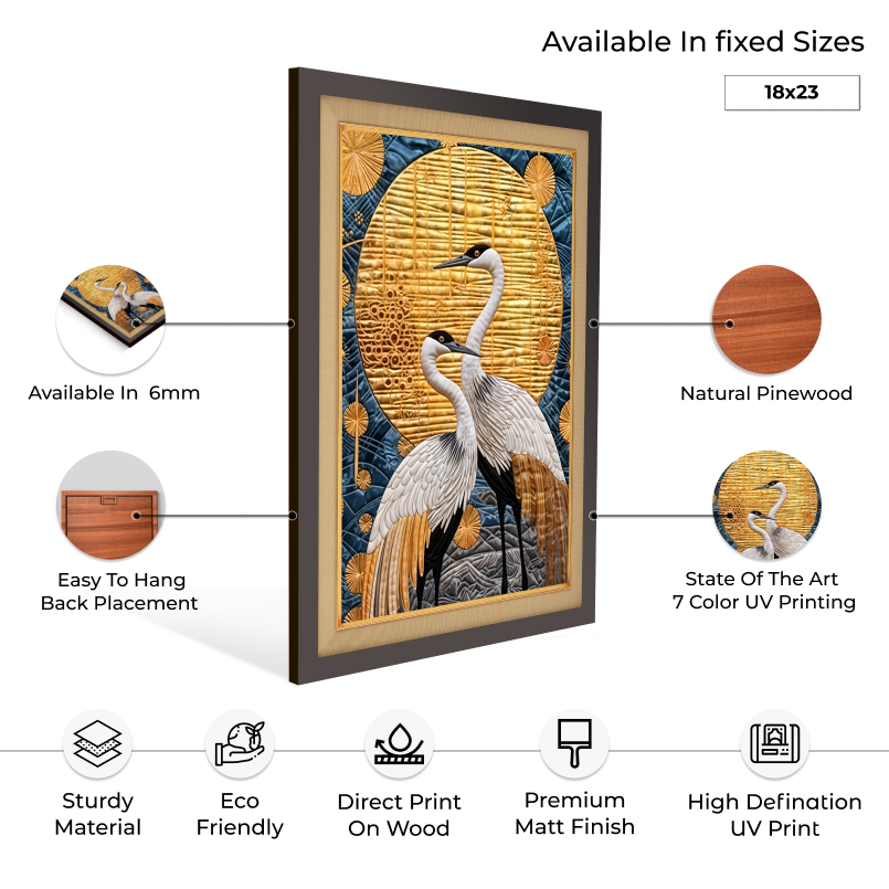 Two Cranes & Full Moon Wood Print Wall Art 18x23 Inches