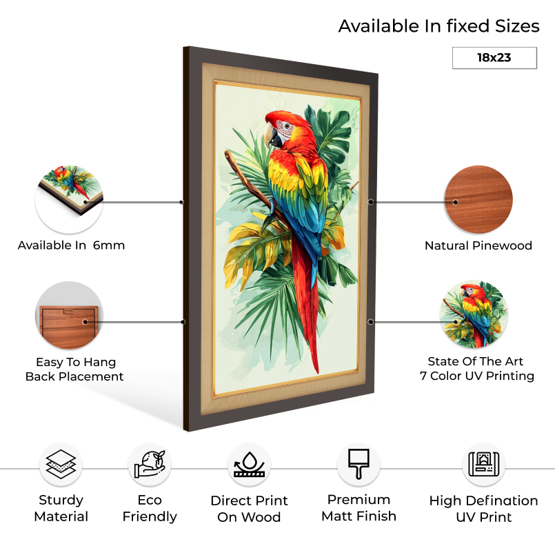 Colorful Parrot Bird On Branch Wood Print Wall Art 18x23 Inches