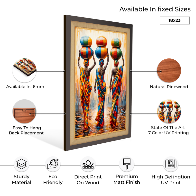 African Women Carrying Pots on Their Head Colorful Wood Print Wall Art 18x23 Inches