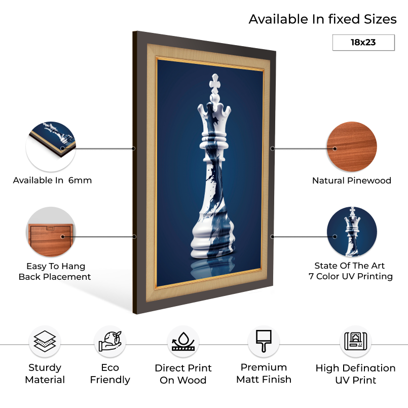 Chess King Blue With White Shade Wood Print Wall Art 18x23 Inches