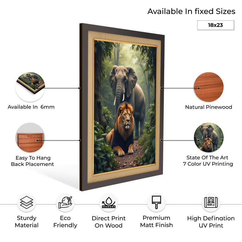 Elephant And Lion Wood Print Wall Art 18x23 Inches