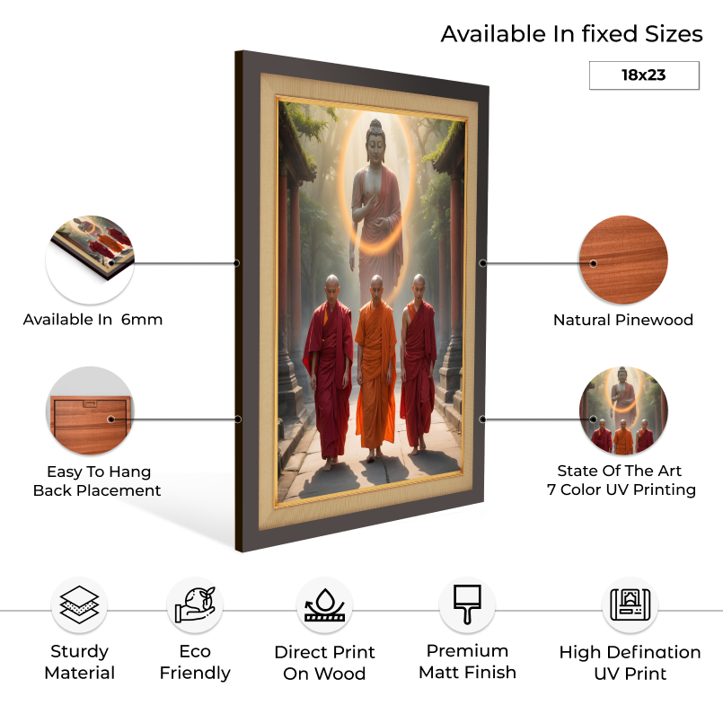 Monk With Budha On Background Wood Print Wall Art 18x23 Inches