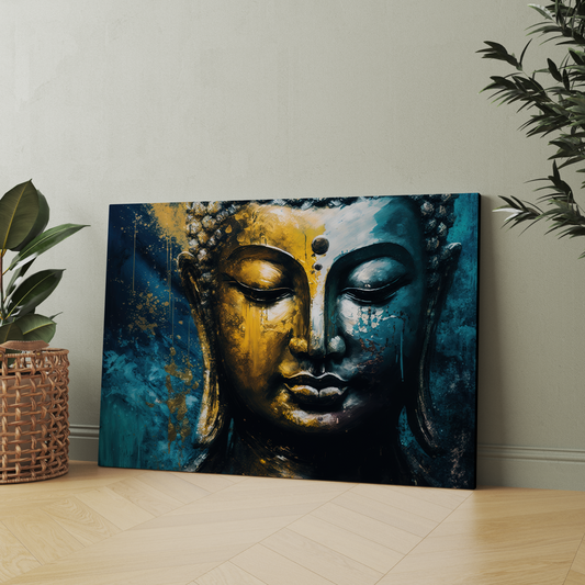 Meditating Buddha Gold & Blue Brush Paint Wood Print Wall Art