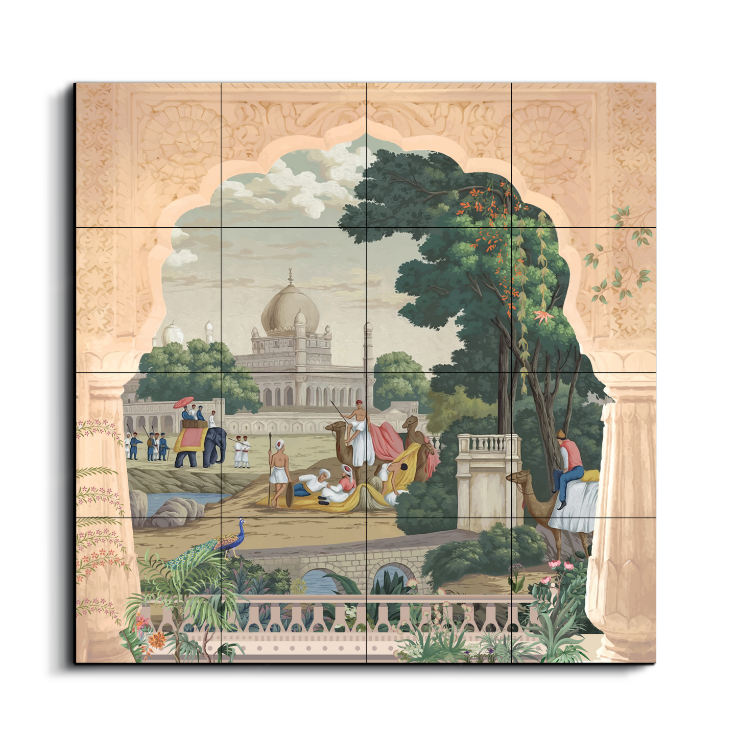 Traditional Indian Landscape Wood Print Wooden Wall Tiles Set