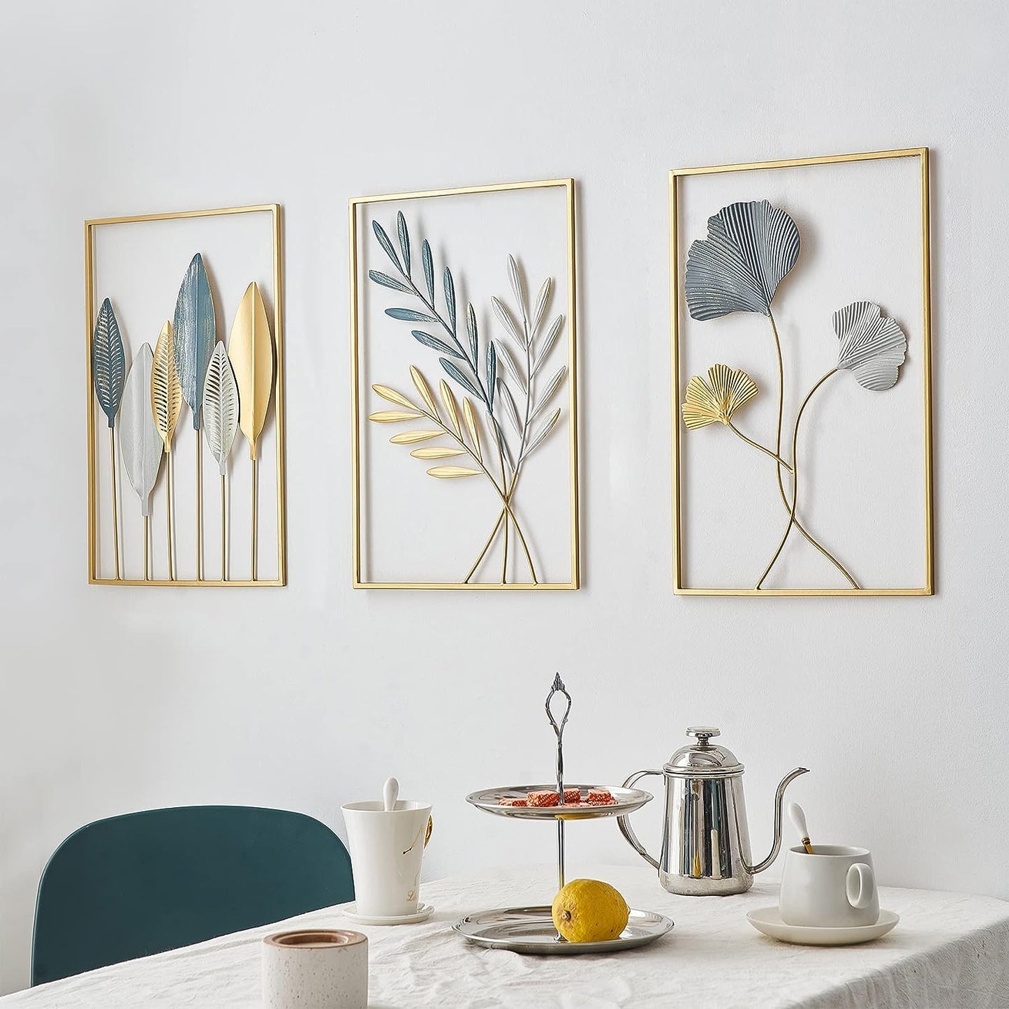 Set of 3 Golden & Blue Abstract Metal Wall Art