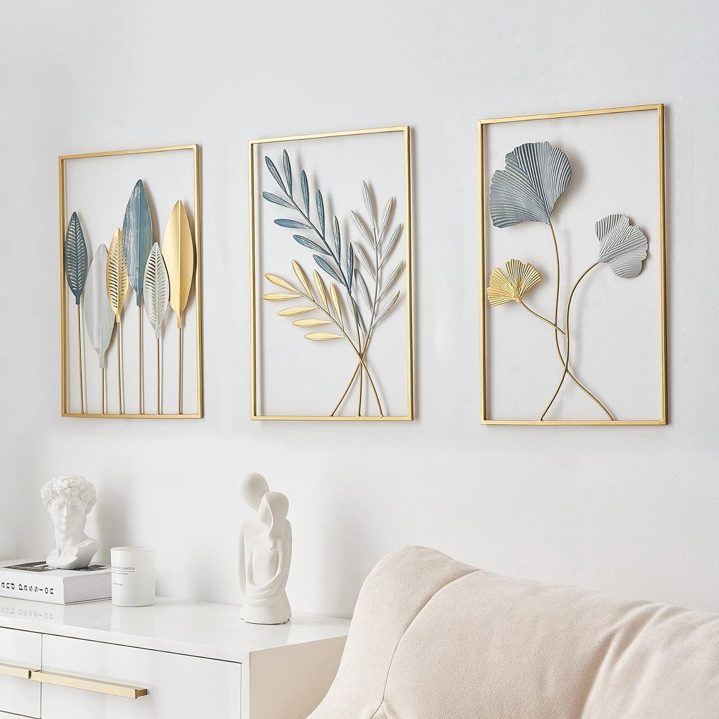 Set of 3 Golden & Blue Abstract Metal Wall Art