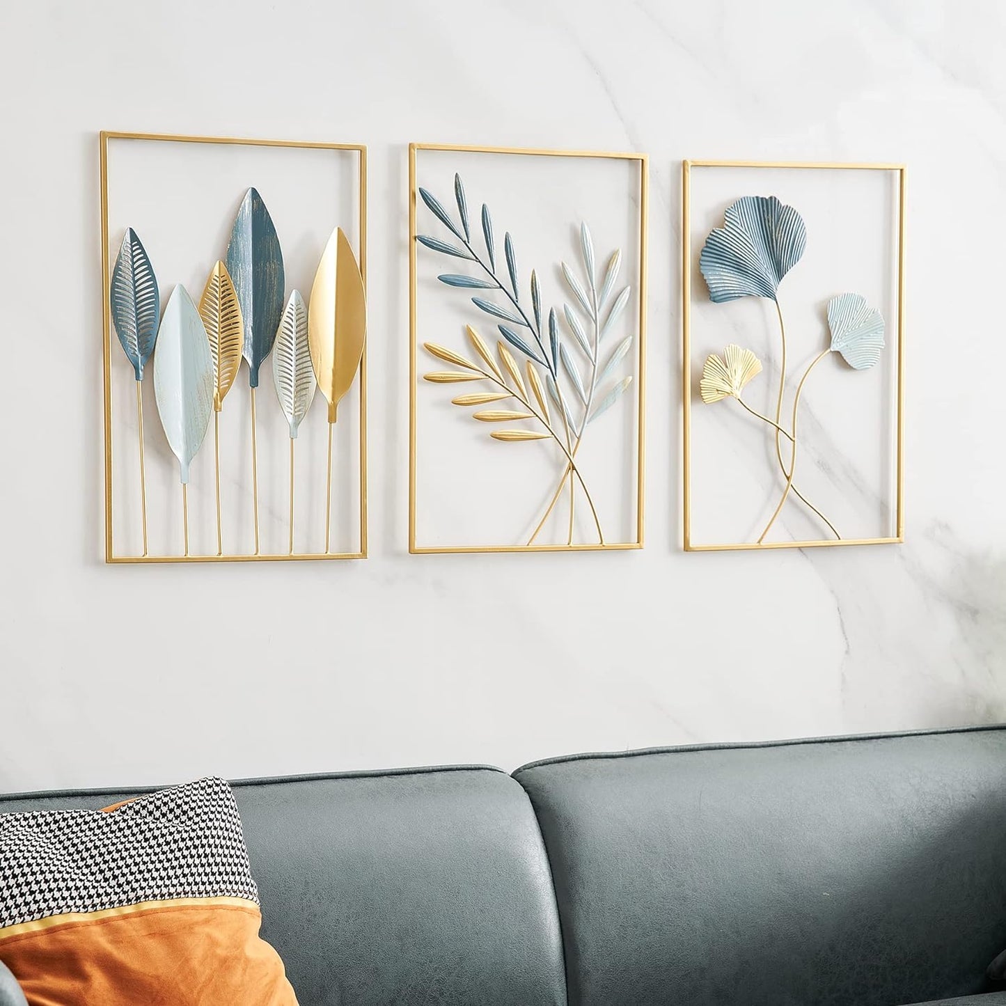 Set of 3 Golden & Blue Abstract Metal Wall Art
