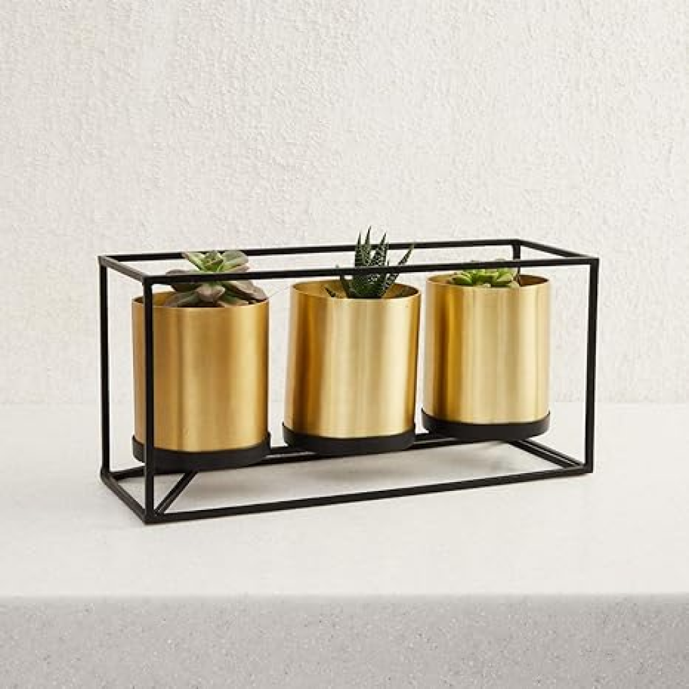 Set of 3 Gold Metal Floor Planters with Stand