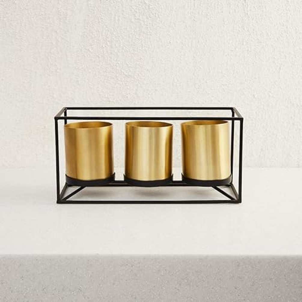 Set of 3 Gold Metal Floor Planters with Stand