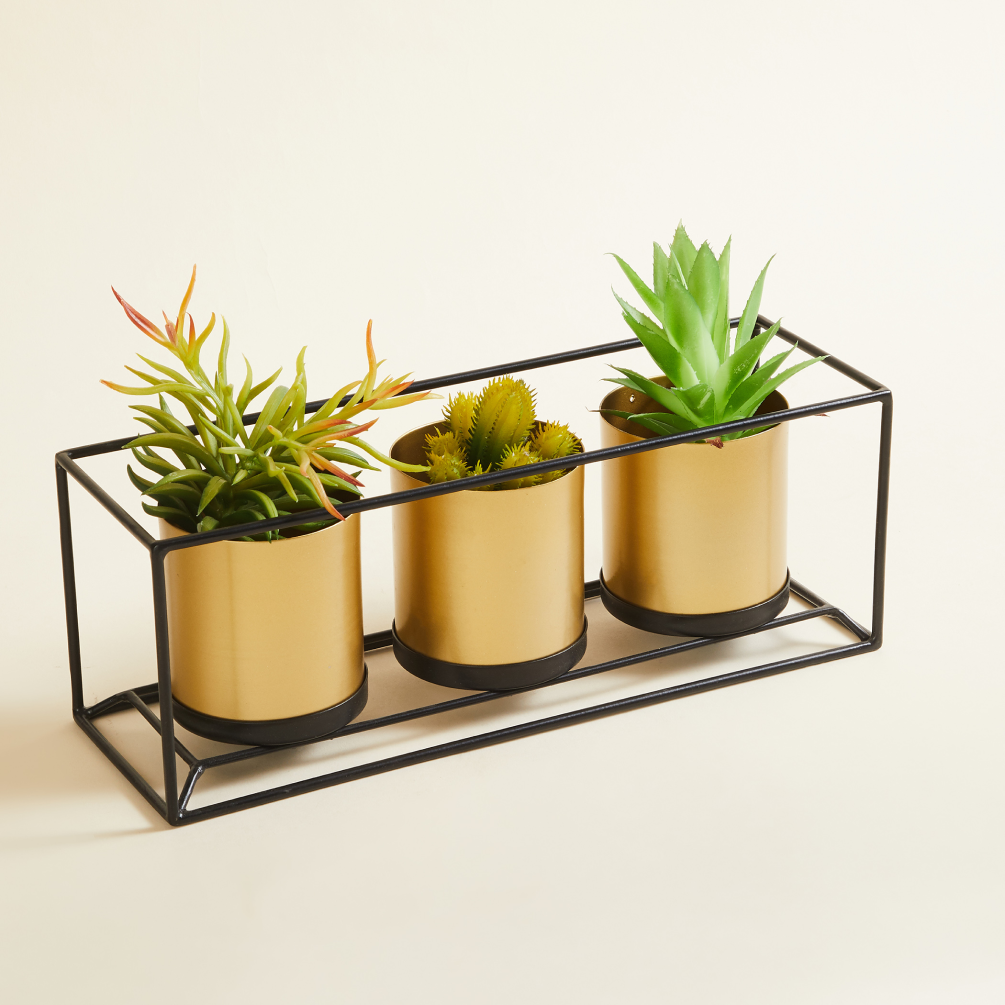 Set of 3 Gold Metal Floor Planters with Stand