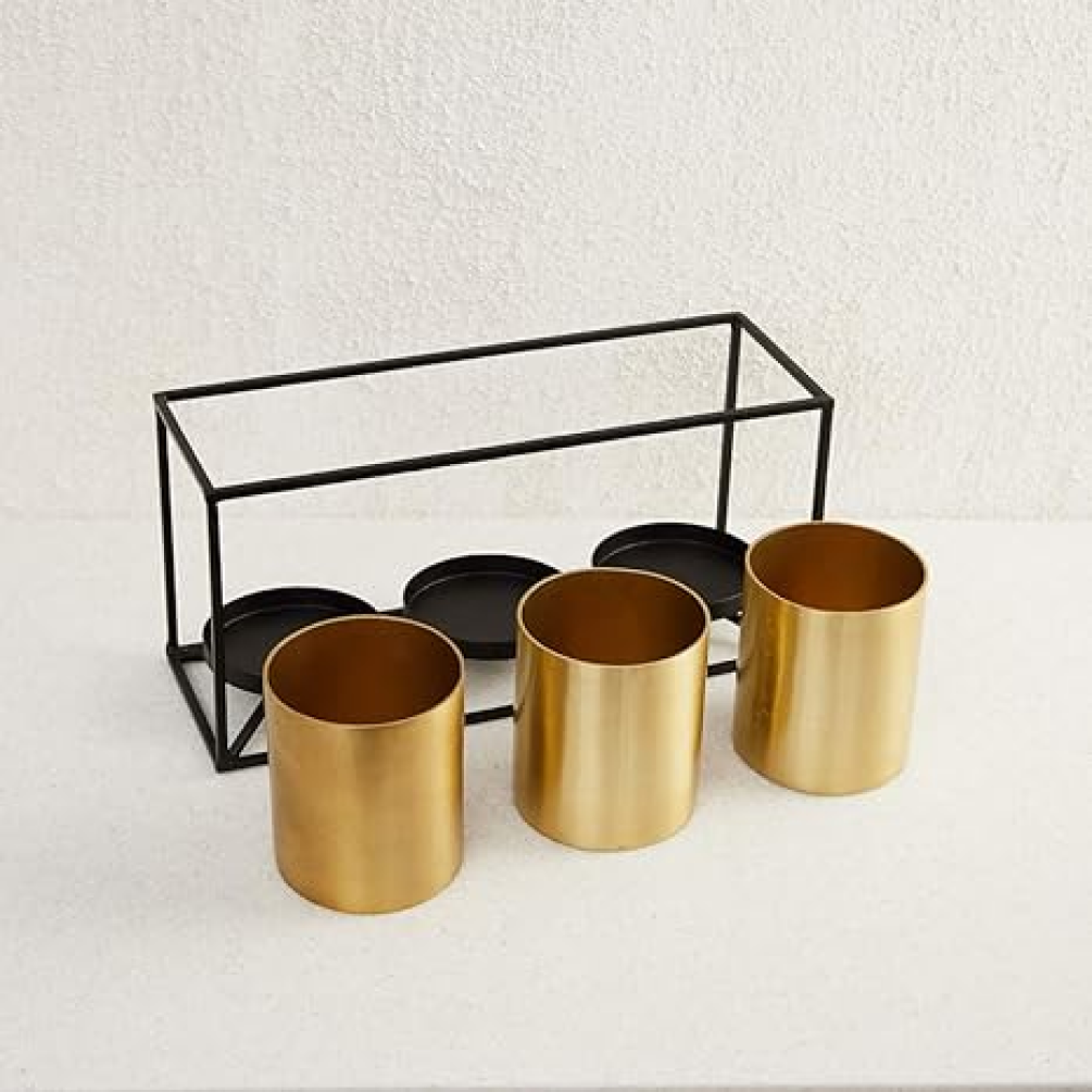 Set of 3 Gold Metal Floor Planters with Stand