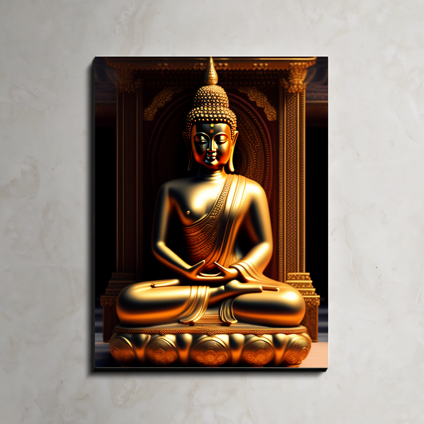 Meditating Buddha Idol Wood Print Wall Art Black & Gold