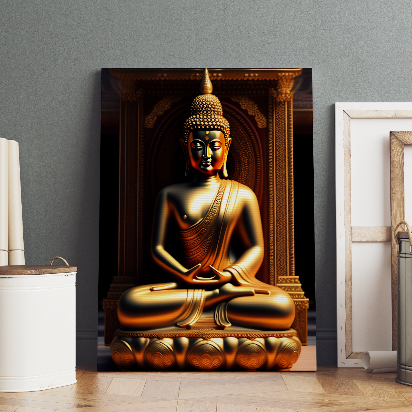 Meditating Buddha Idol Wood Print Wall Art Black & Gold