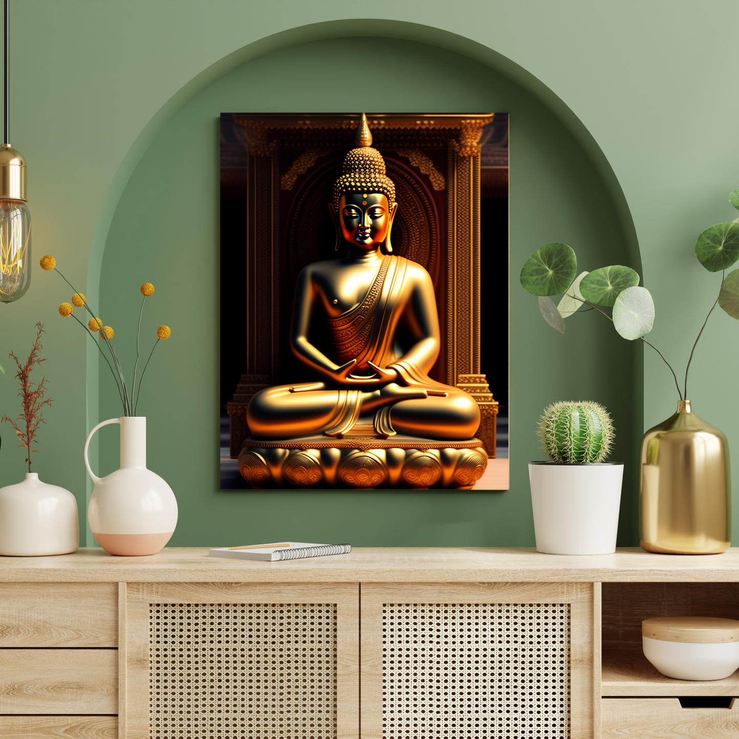 Meditating Buddha Idol Wood Print Wall Art Black & Gold