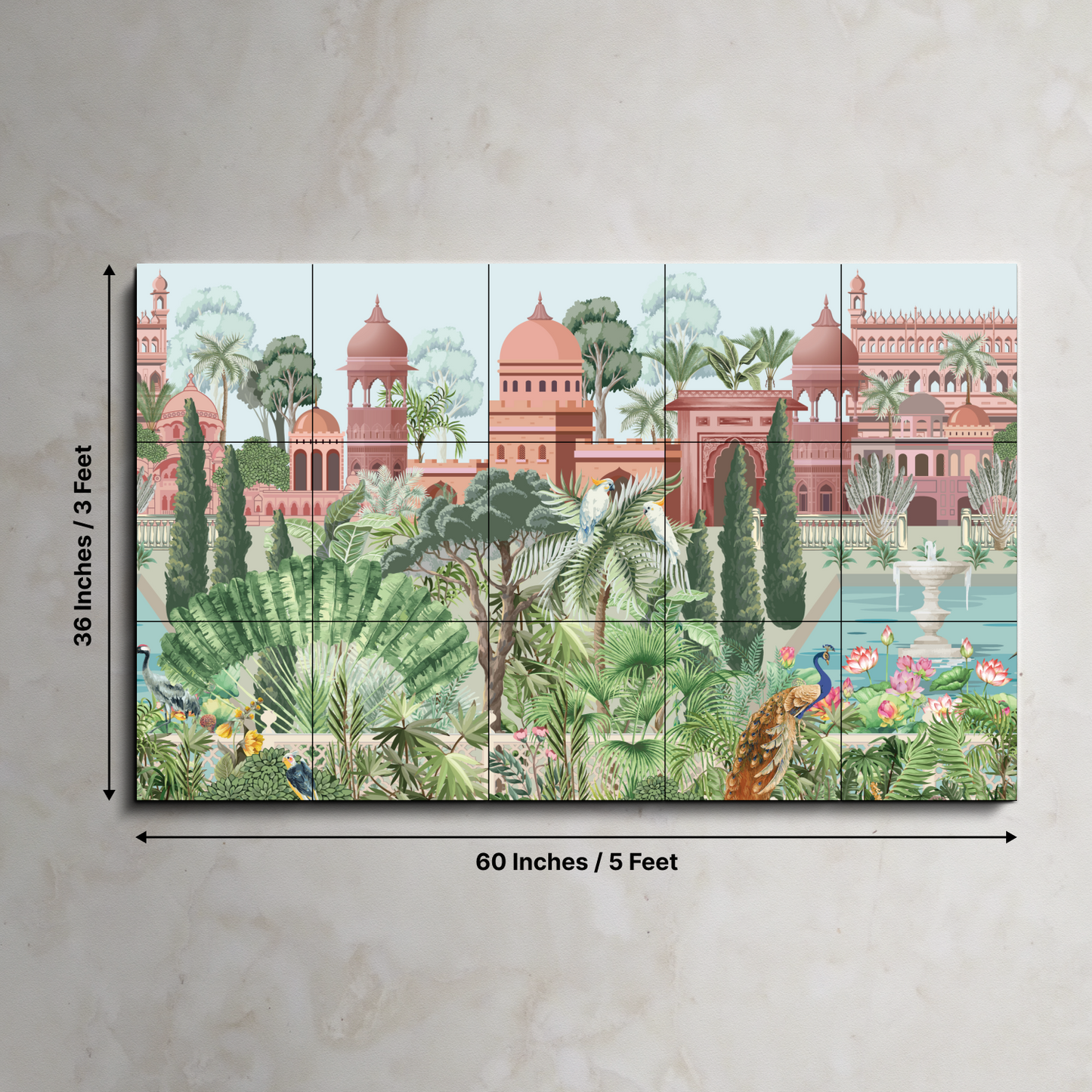 Mughal Garden and Palace Traditional Wood Print Wooden Wall Tiles Set