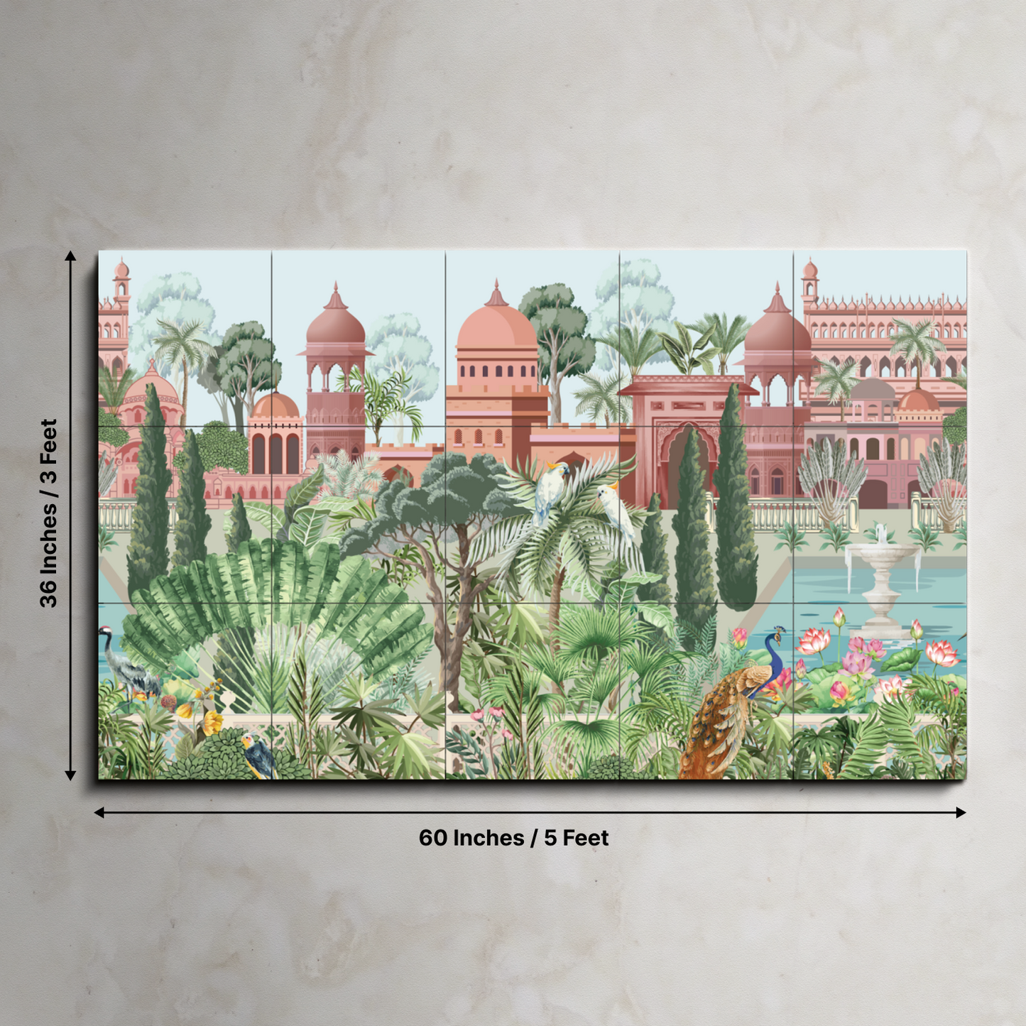 Mughal Garden and Palace Traditional Wood Print Wooden Wall Tiles Set