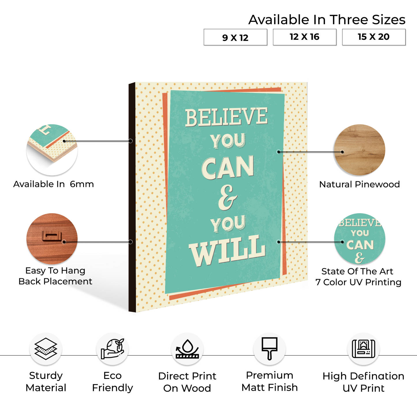 Believe You Can and You Will Motivational Quote Wood Print Wall Art