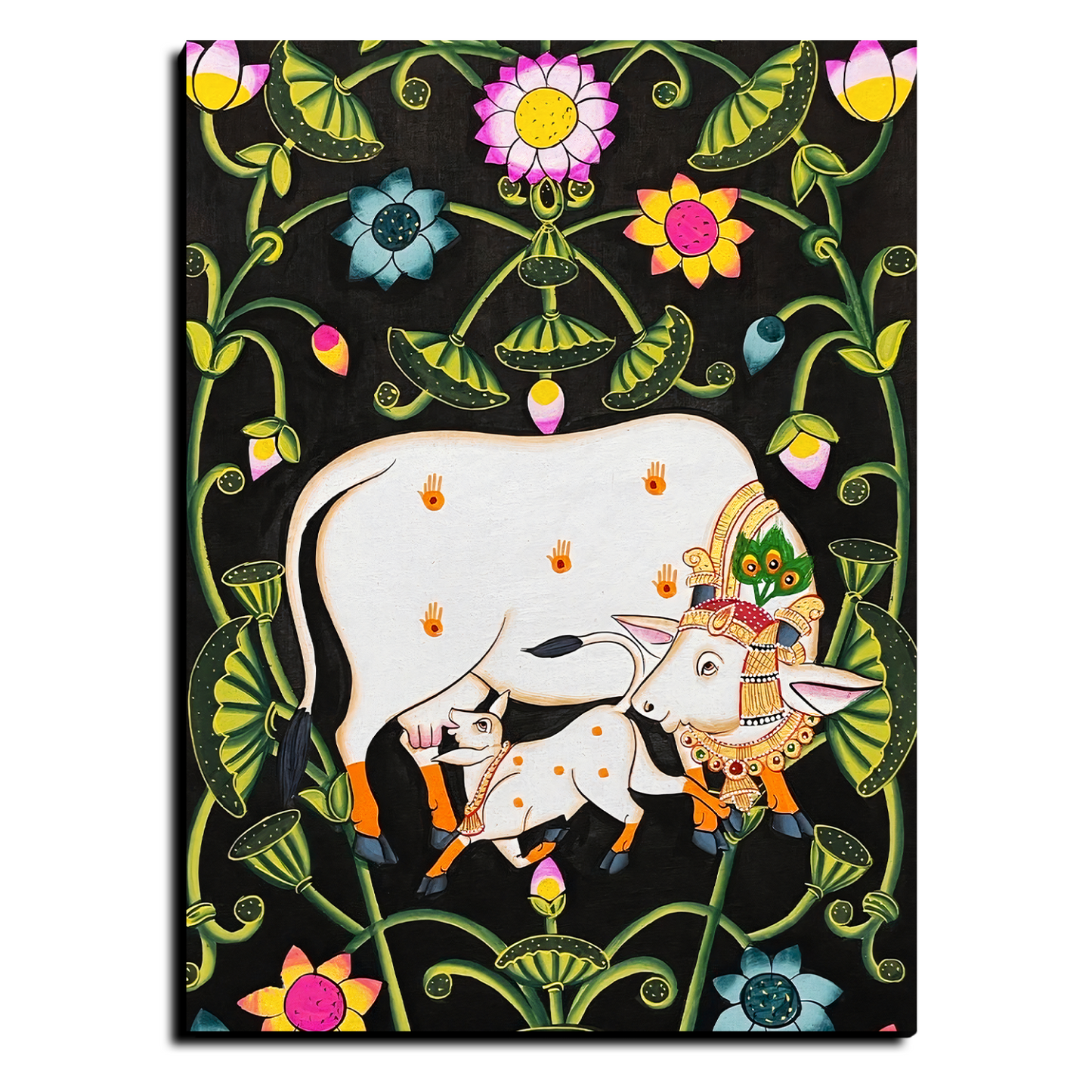 Cow and Calf Sacred Pichwai Wood Print Wall Art