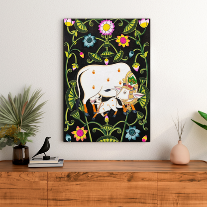 Cow and Calf Sacred Pichwai Wood Print Wall Art