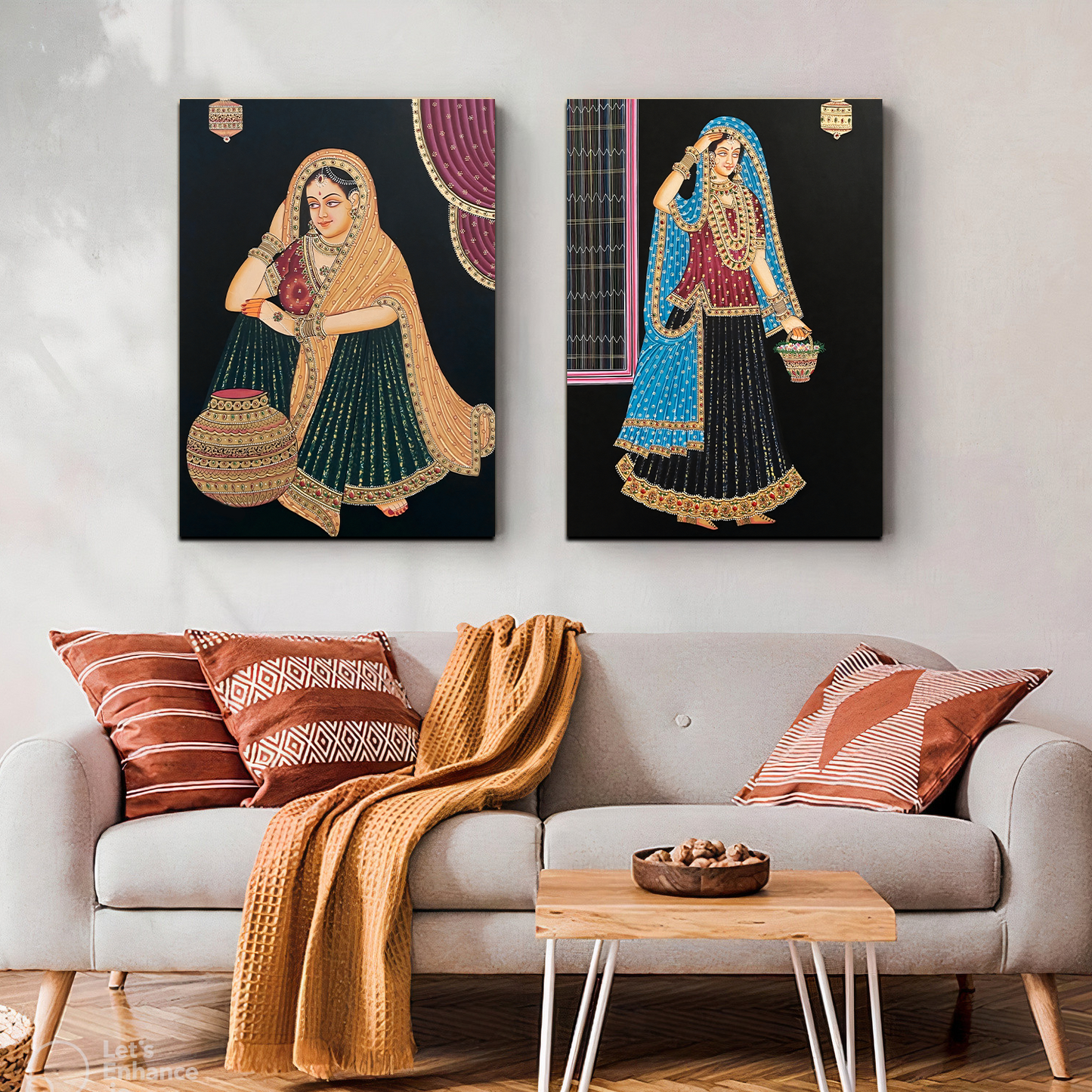 Traditional Women Royal Wood Print Wall Art Set of 2