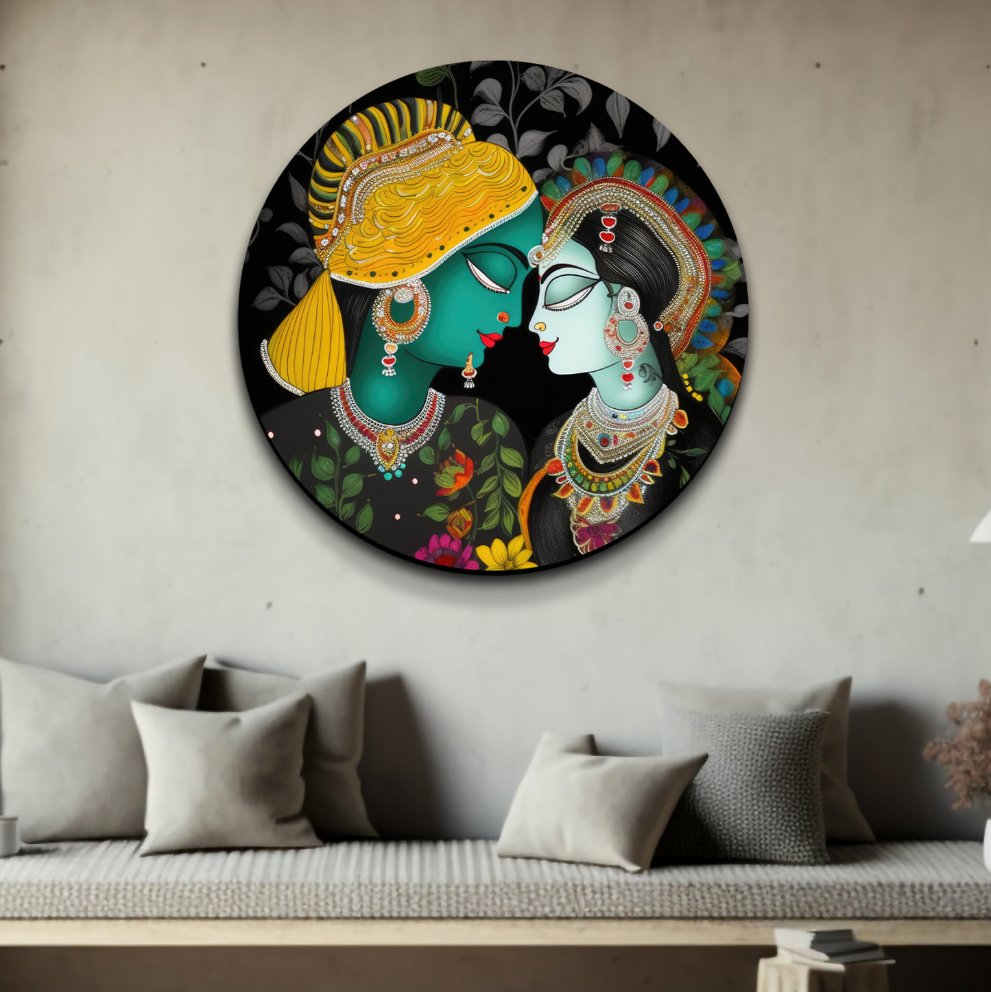 Radha Krishna Colorful Round Wood Print Wall Art