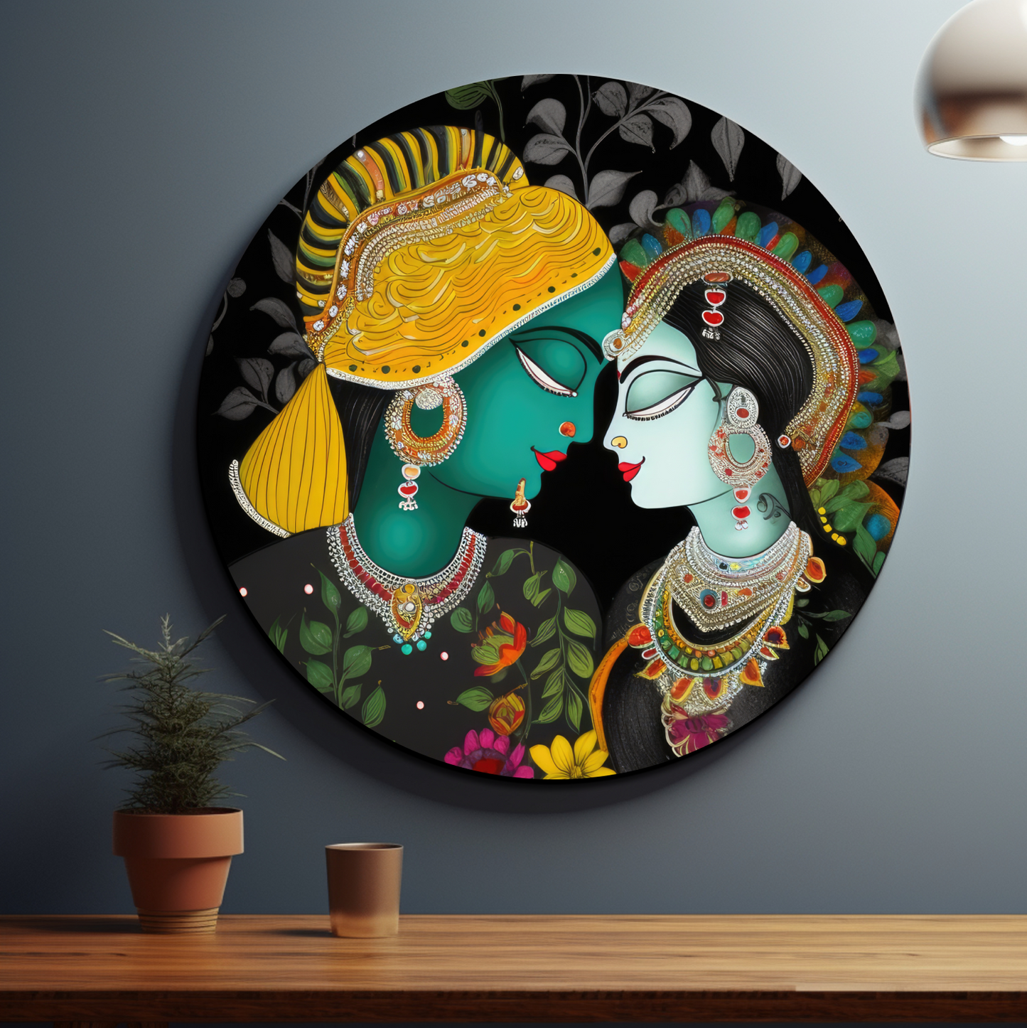 Radha Krishna Colorful Round Wood Print Wall Art