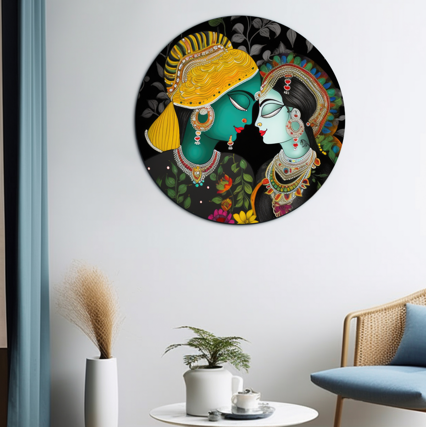 Radha Krishna Colorful Round Wood Print Wall Art