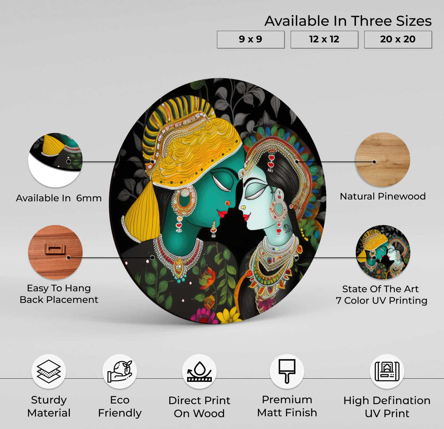 Radha Krishna Colorful Round Wood Print Wall Art