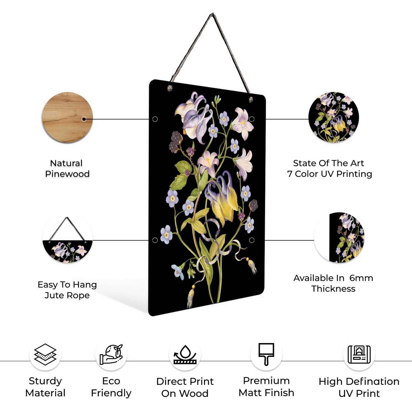 Black Floral Wooden Wall Art Wood Print