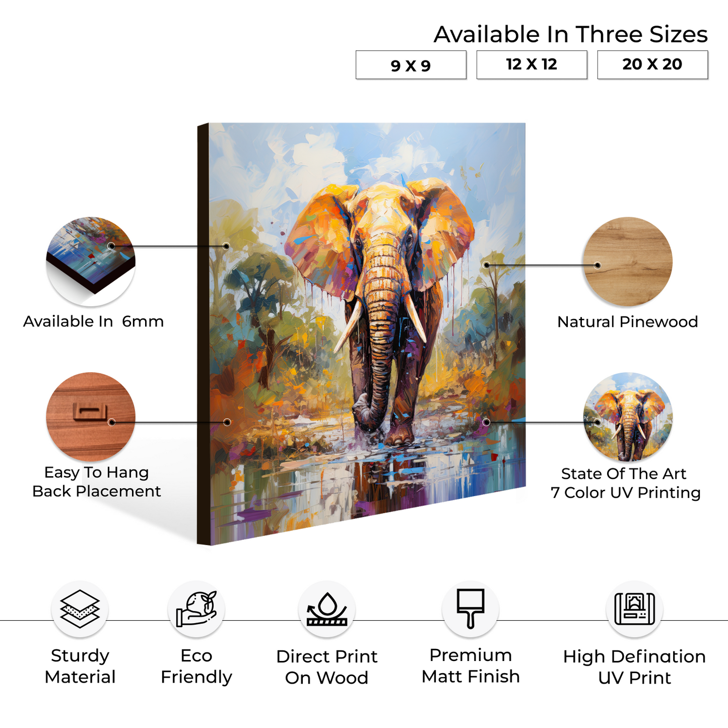 Elephant Colorful Wood Print Wall Art