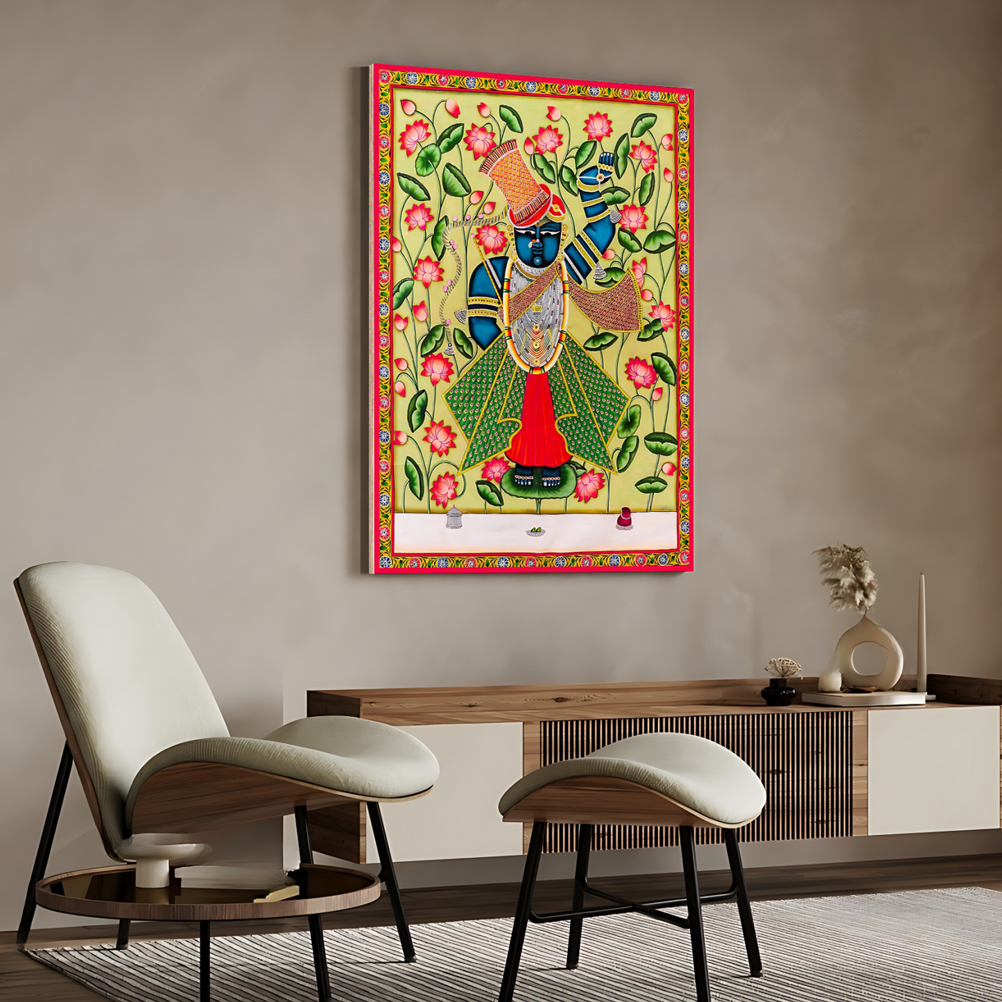 Shrinath Ji Pichwai Green Wood Print Wall Art